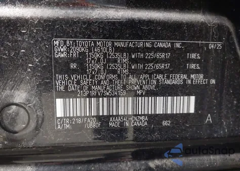 2025 Toyota Rav4 Xle from USA, damaged, VIN 2T3P1RFV7SW534159